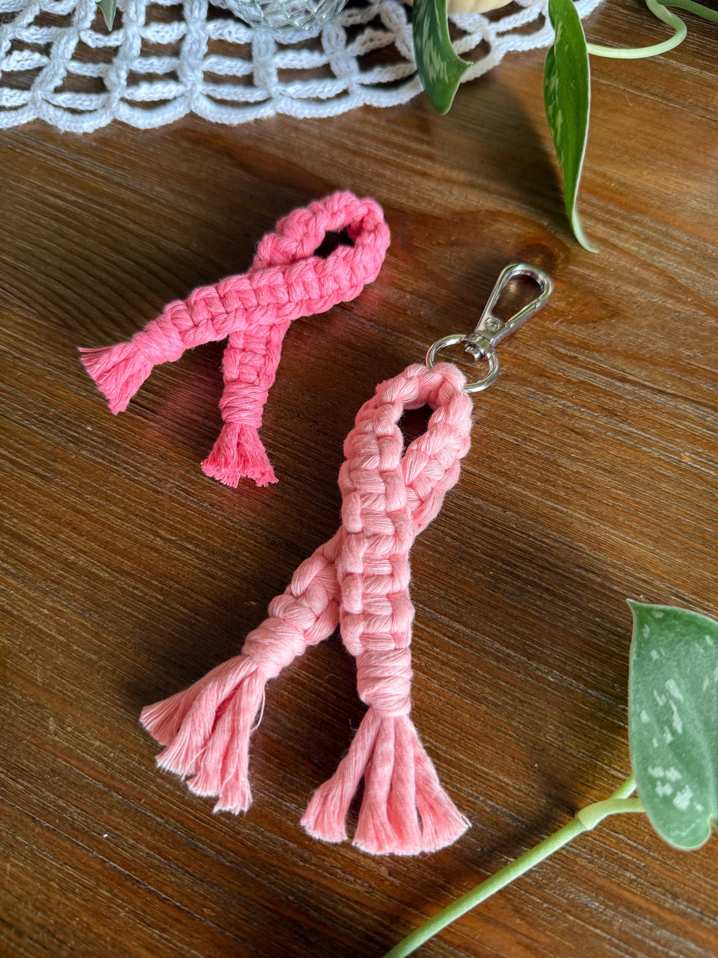 Macrame Breast Cancer Awareness Ribbon Pin and Keychain