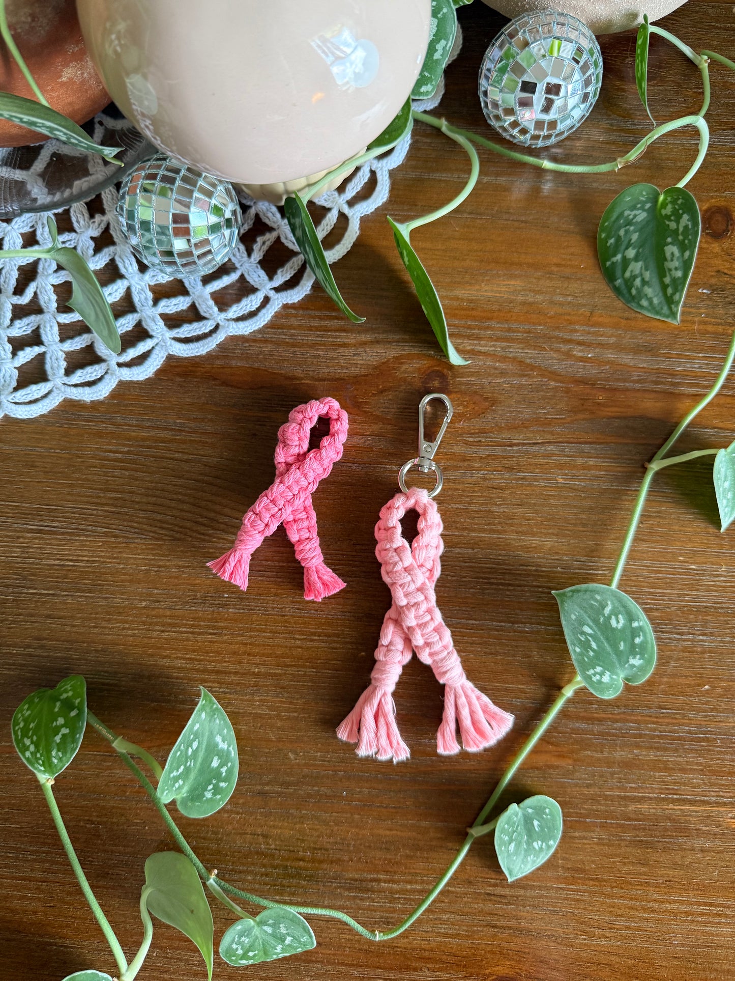 Macrame Breast Cancer Awareness Ribbon Pin and Keychain