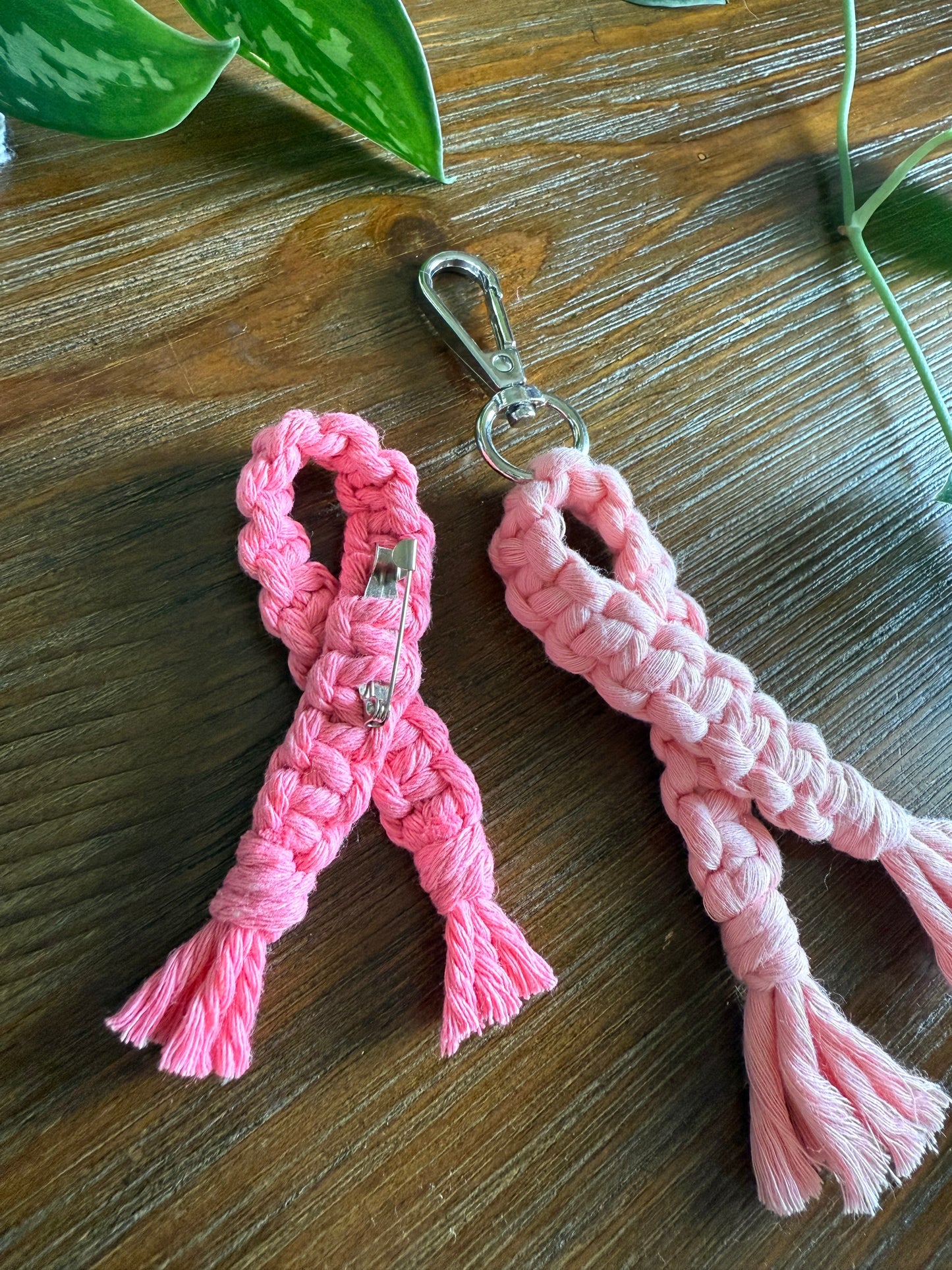 Macrame Breast Cancer Awareness Ribbon Pin and Keychain