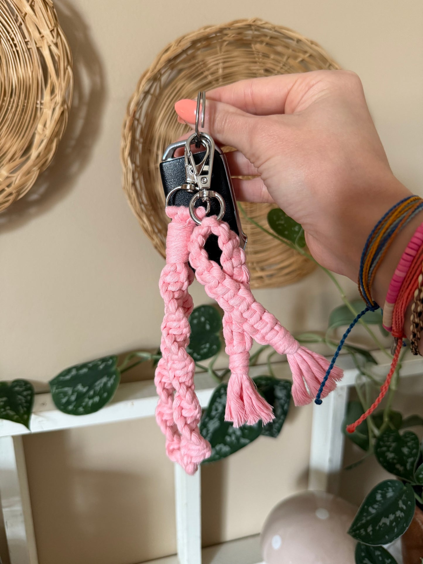 Macrame Breast Cancer Awareness Ribbon Pin and Keychain