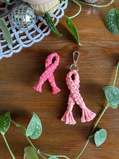 Macrame Breast Cancer Awareness Ribbon Pin and Keychain