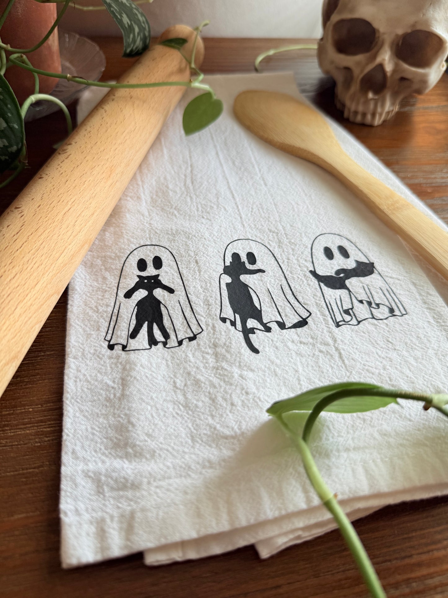 Ghost Holding Cats Tea Towel