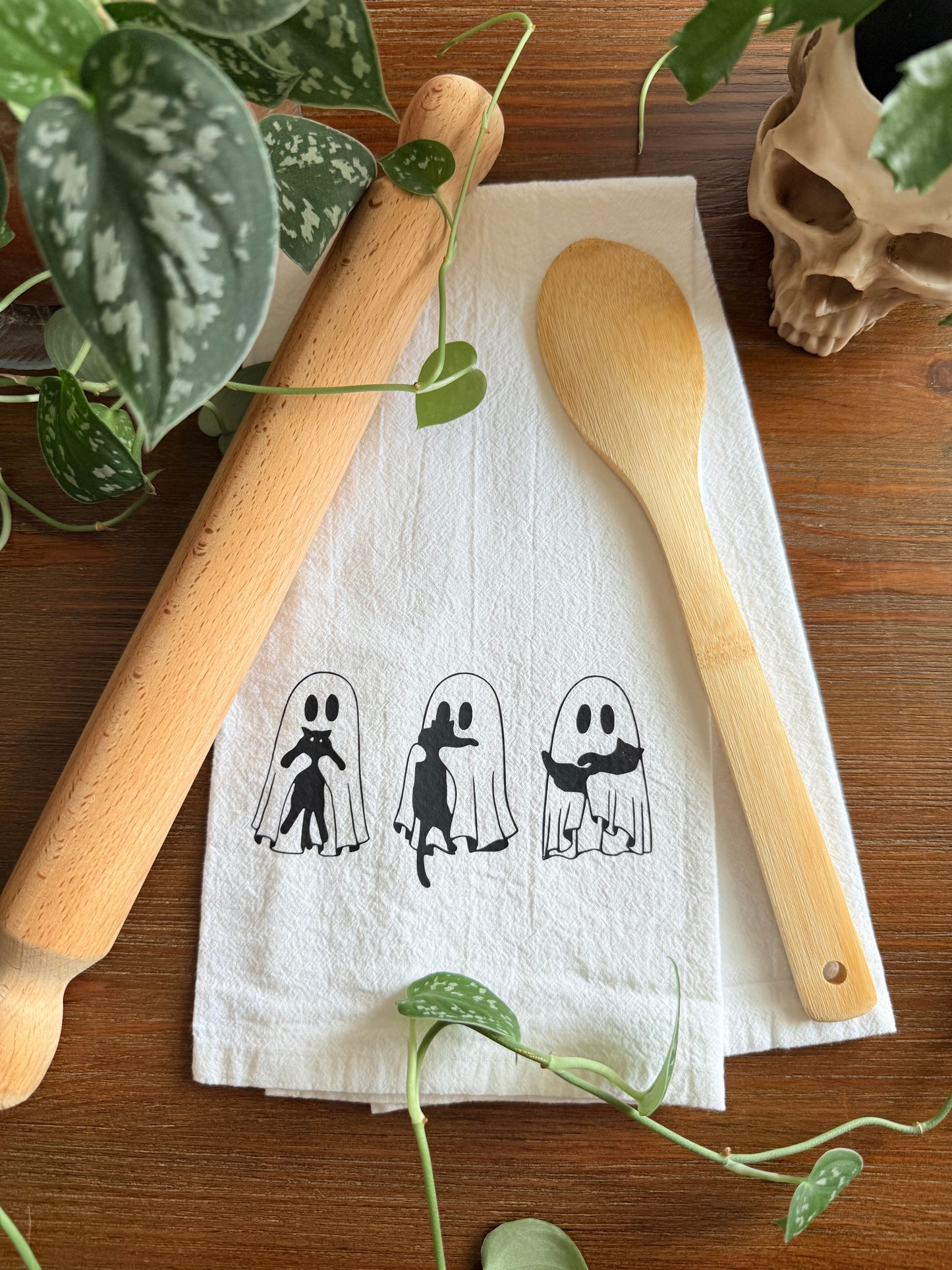 Ghost Holding Cats Tea Towel