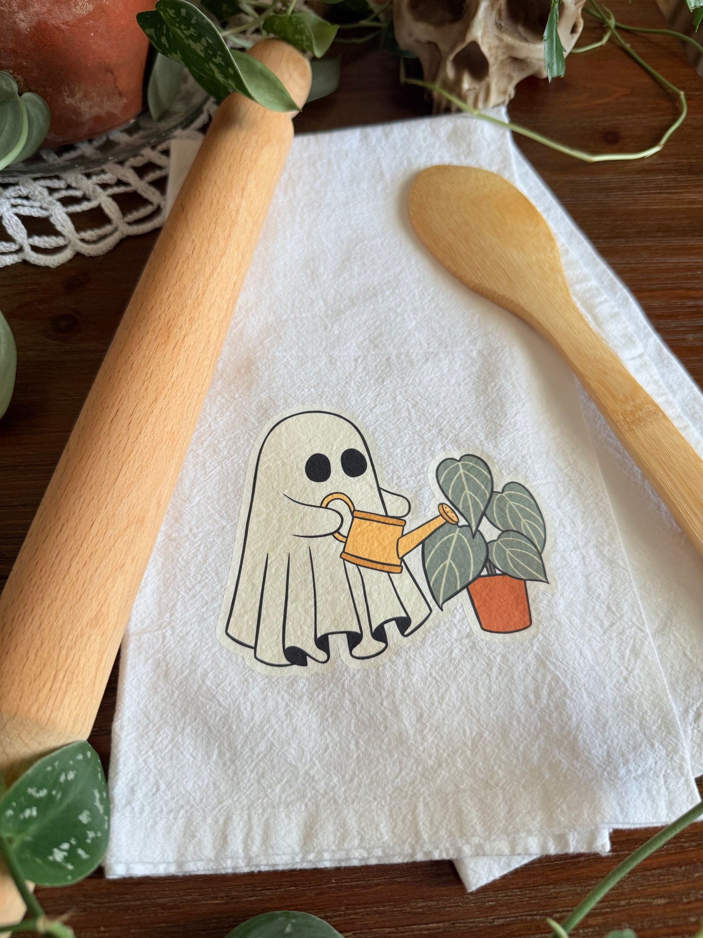 Ghost Watering Plants Tea Towel