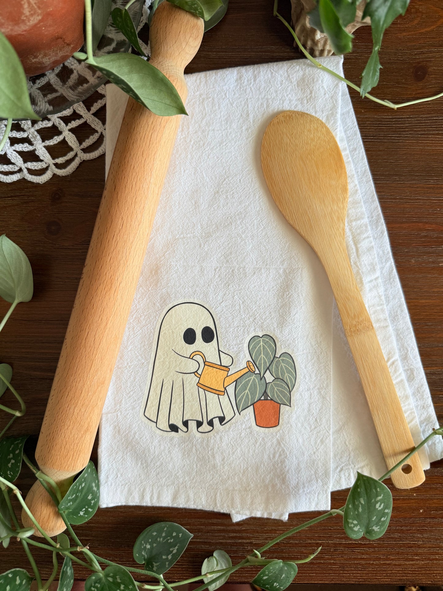 Ghost Watering Plants Tea Towel