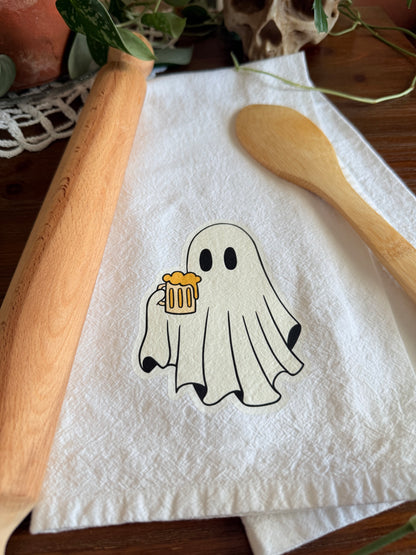 Ghost Holding Beer Tea Towel