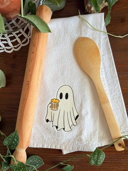 Ghost Holding Beer Tea Towel