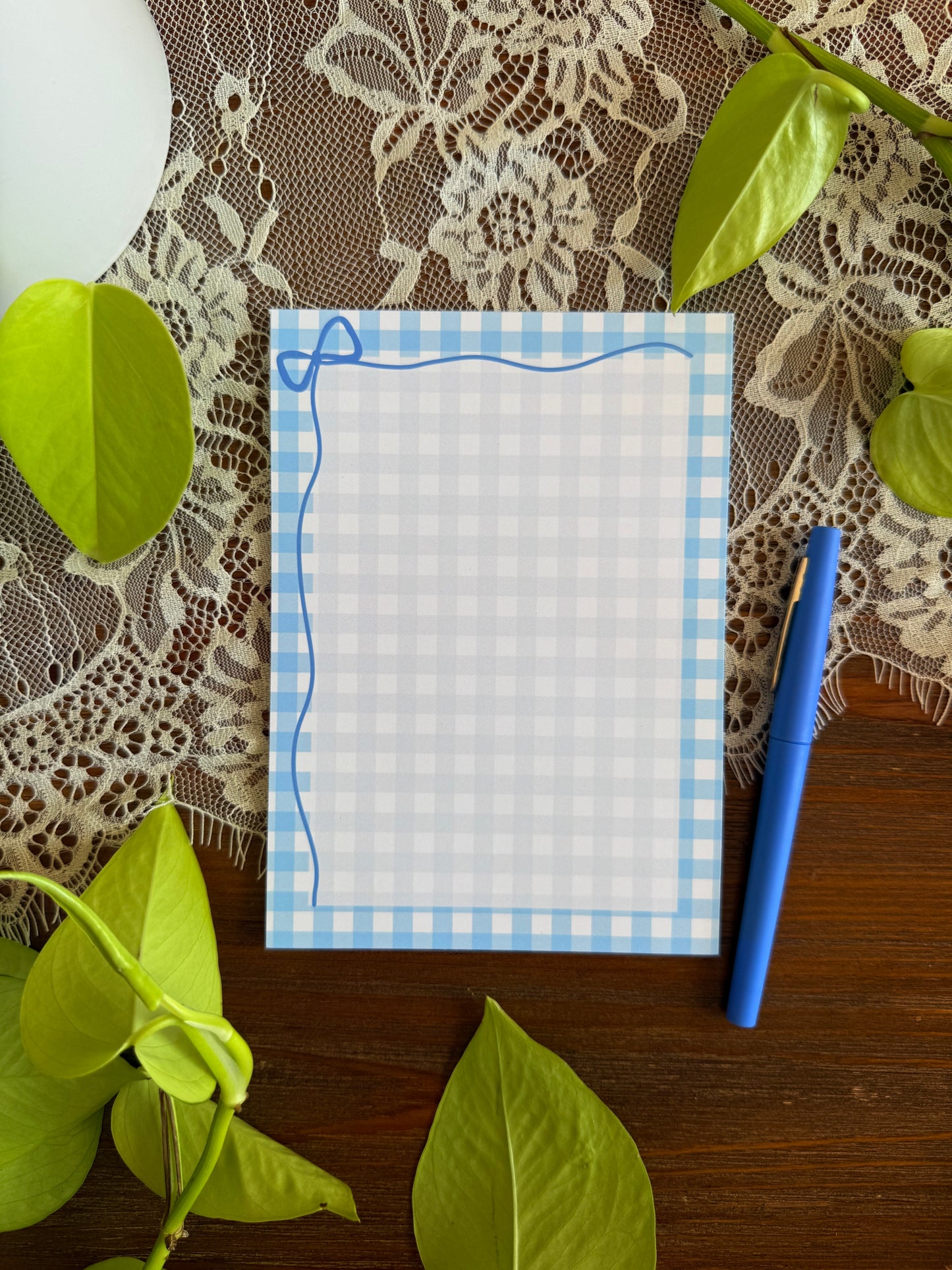 Blue Gingham Bow Stationery Set