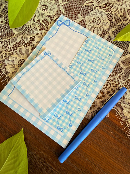 Blue Gingham Bow Stationery Set