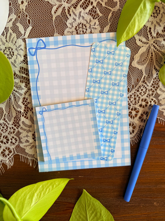 Blue Gingham Bow Stationery Set