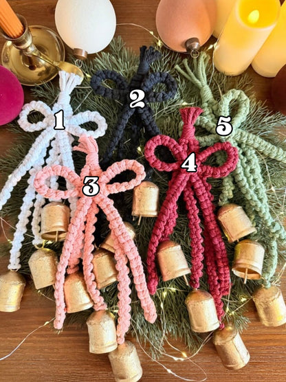 Macrame Hanging Gold Bells with Bow