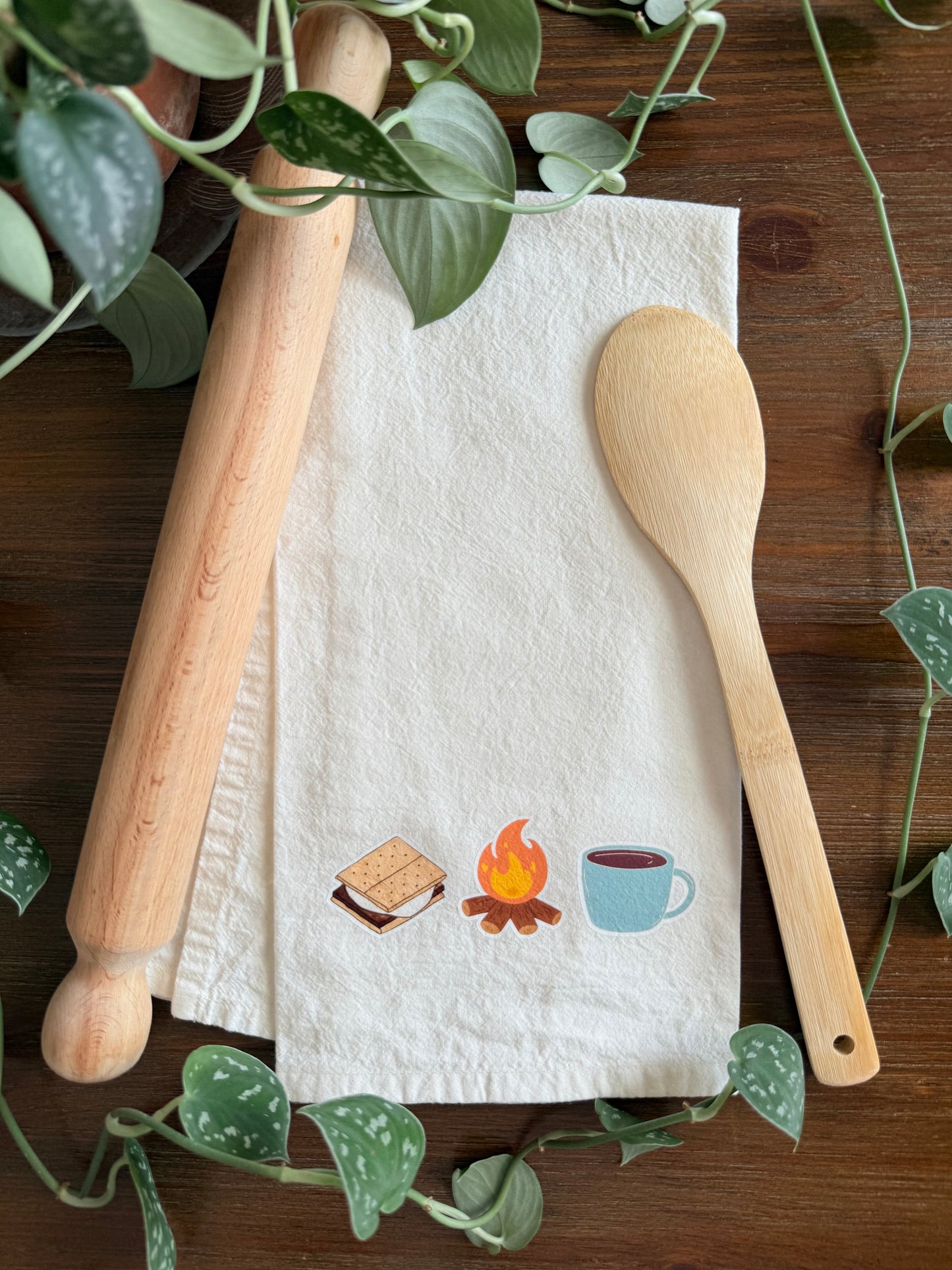 Smores Campfires and Coffee Tea Towel