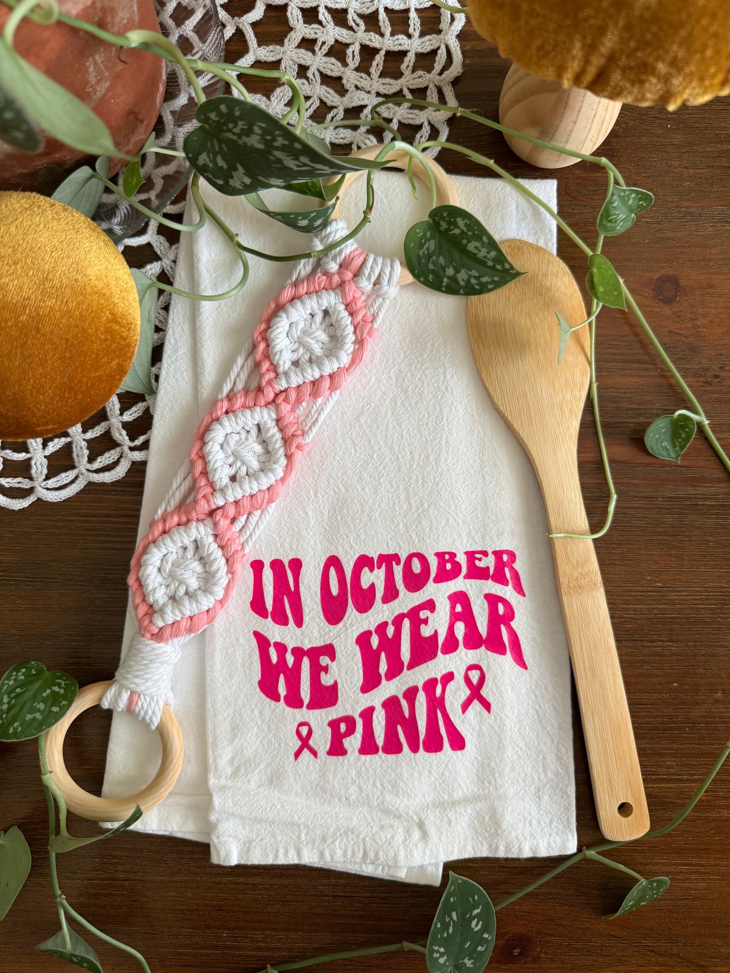 In October We Wear Pink Tea Towel and Towel Holder