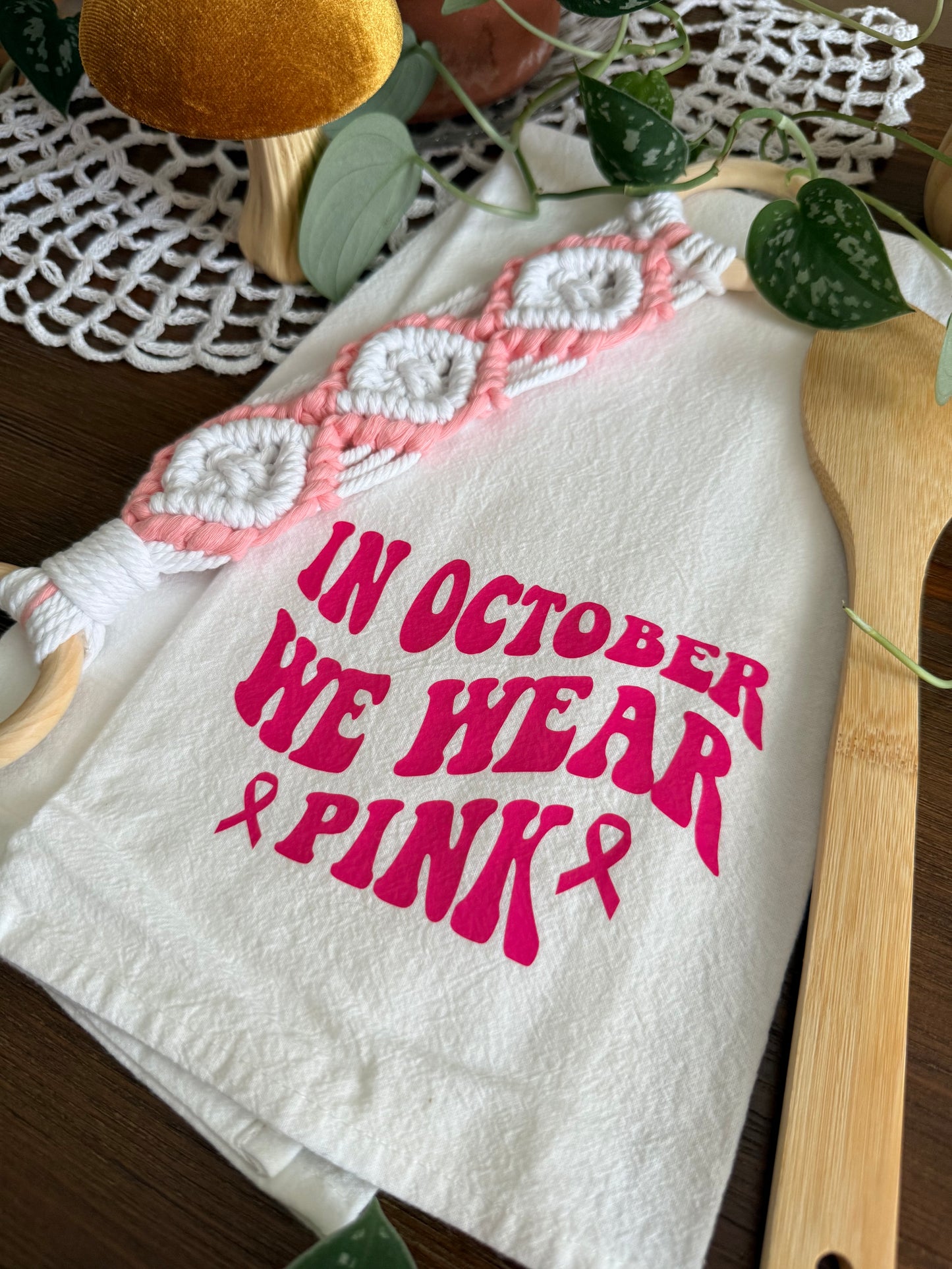 In October We Wear Pink Tea Towel and Towel Holder