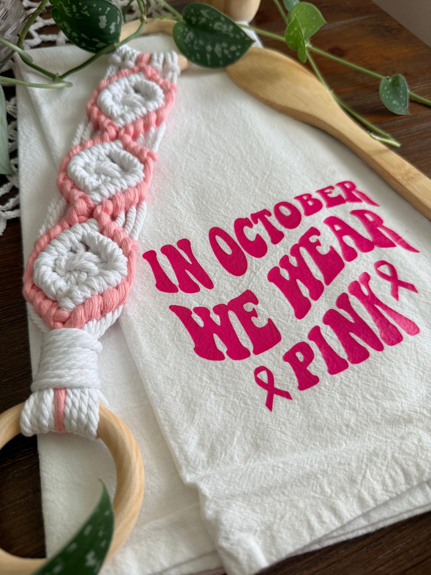 In October We Wear Pink Tea Towel and Towel Holder