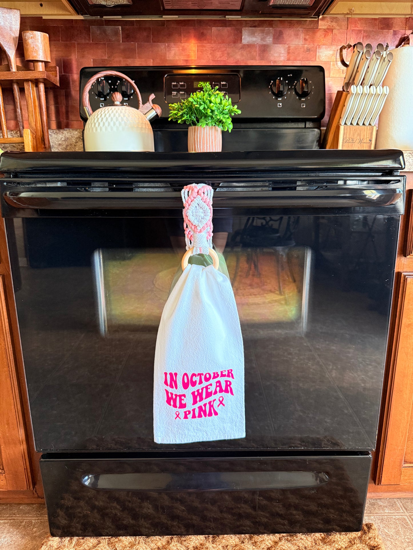 In October We Wear Pink Tea Towel and Towel Holder